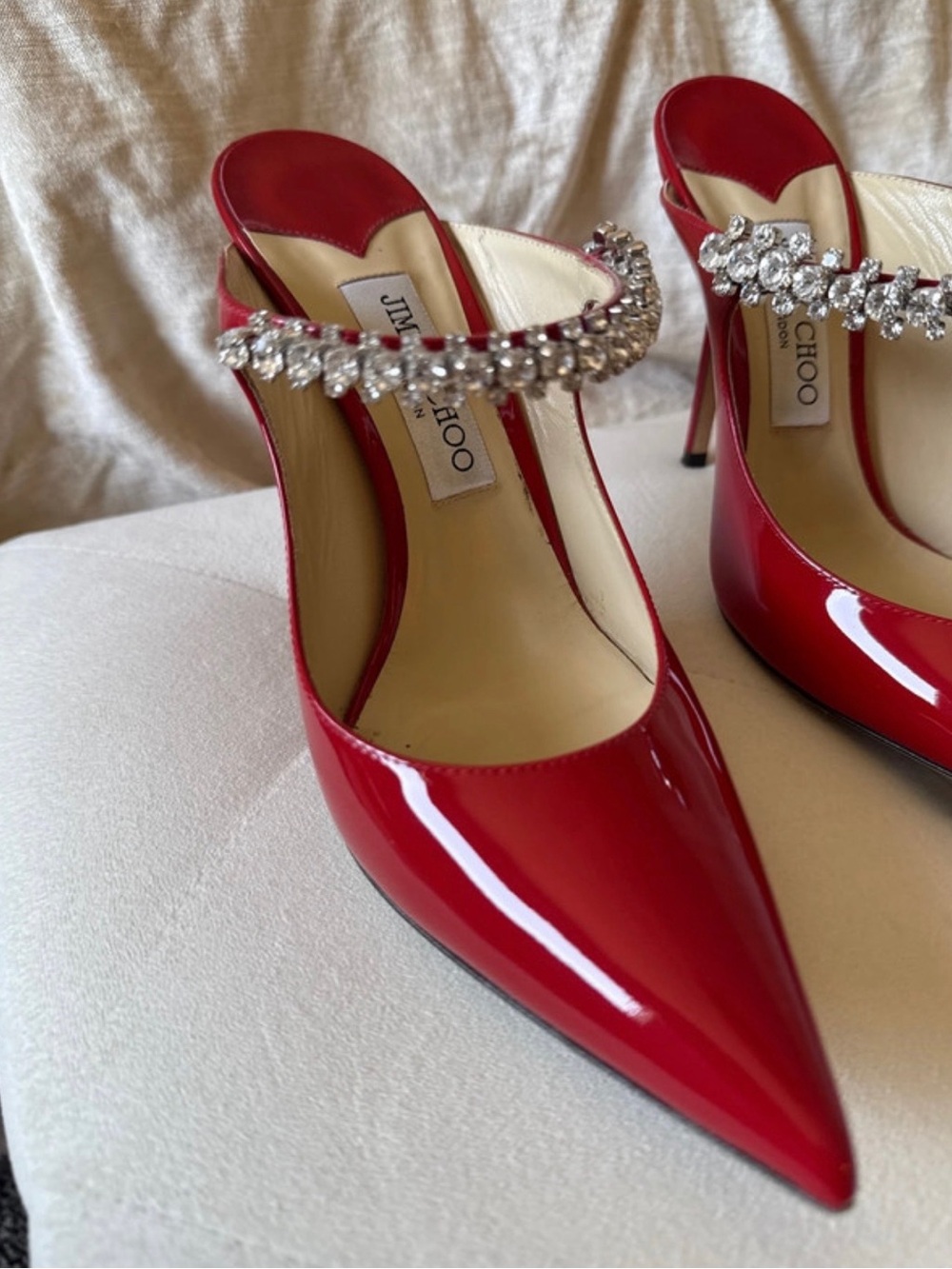 Jimmy Choo Red Patent Pointed Toe Crystal-Strap Mules - Picture 8 of 11